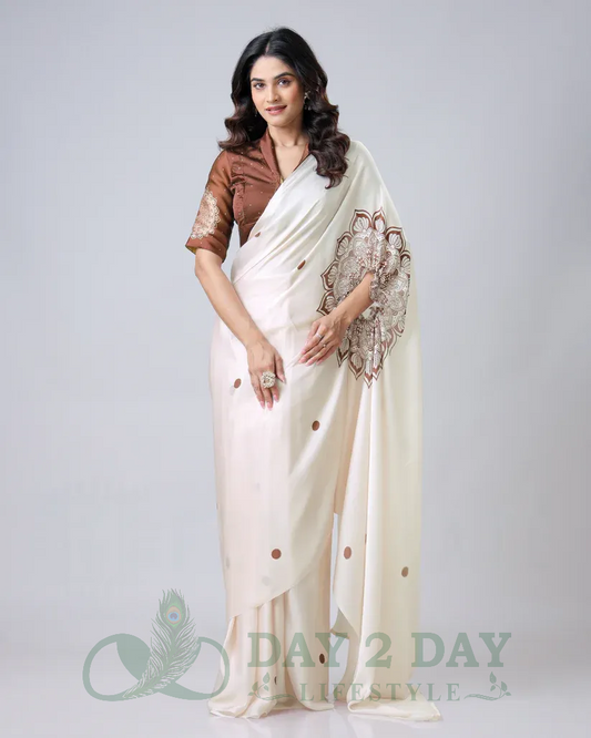 Lotus Motif Freehand Saree – Ready to Wear in 1 Minute | Hands-Free Draping (Ivory & Coffee Brown)