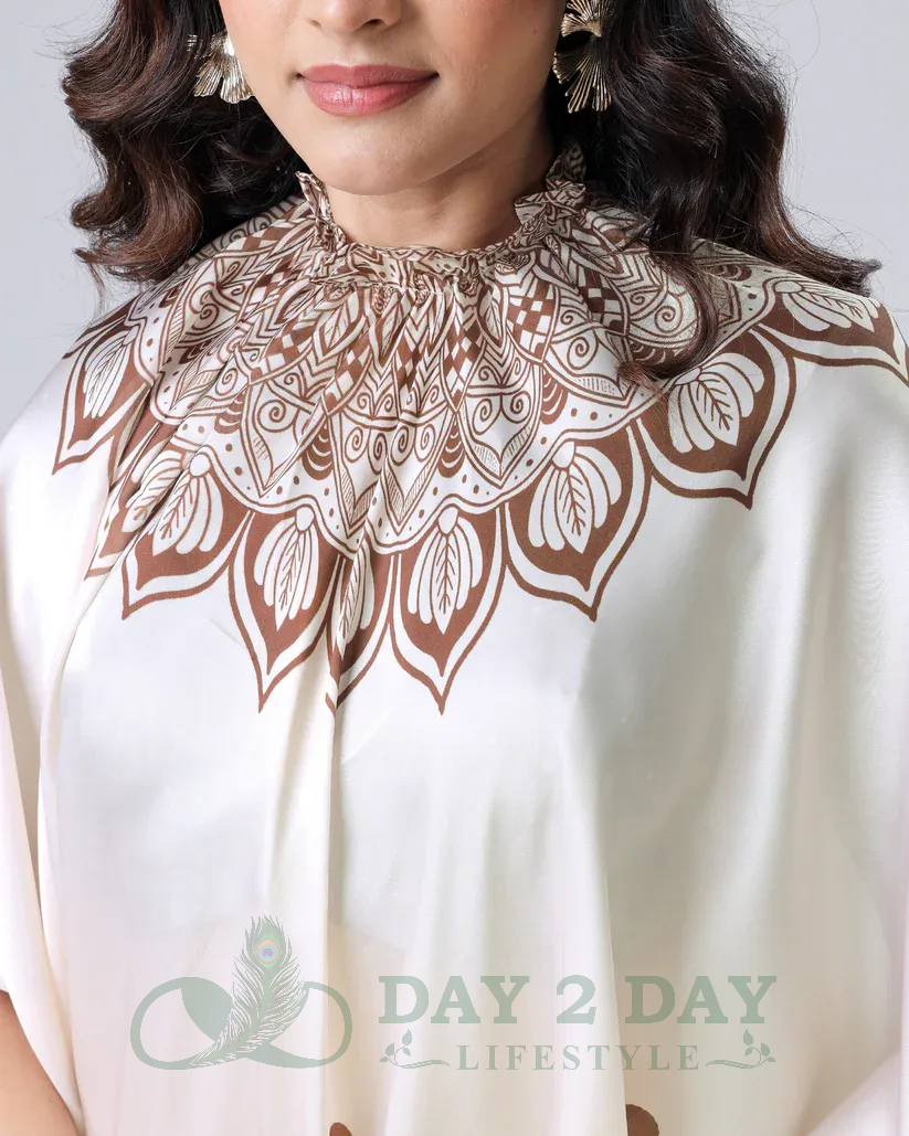 Lotus Motif Freehand Saree – Ready to Wear in 1 Minute | Hands-Free Draping (Ivory & Coffee Brown)