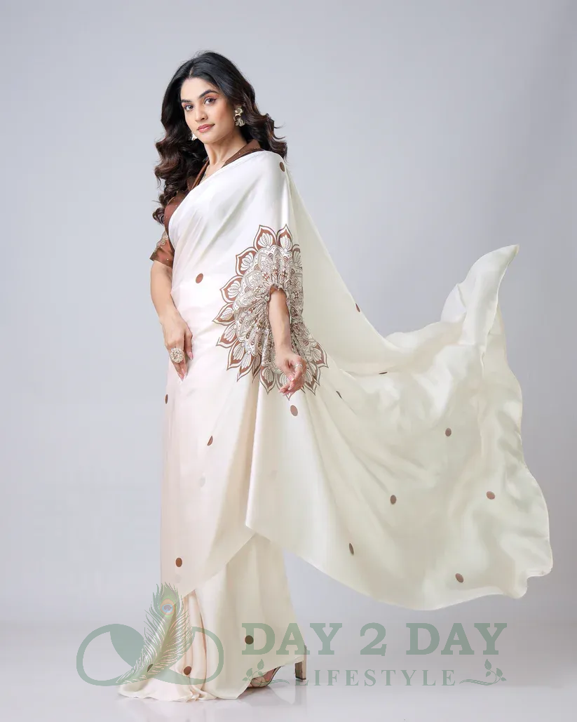Lotus Motif Freehand Saree – Ready to Wear in 1 Minute | Hands-Free Draping (Ivory & Coffee Brown)
