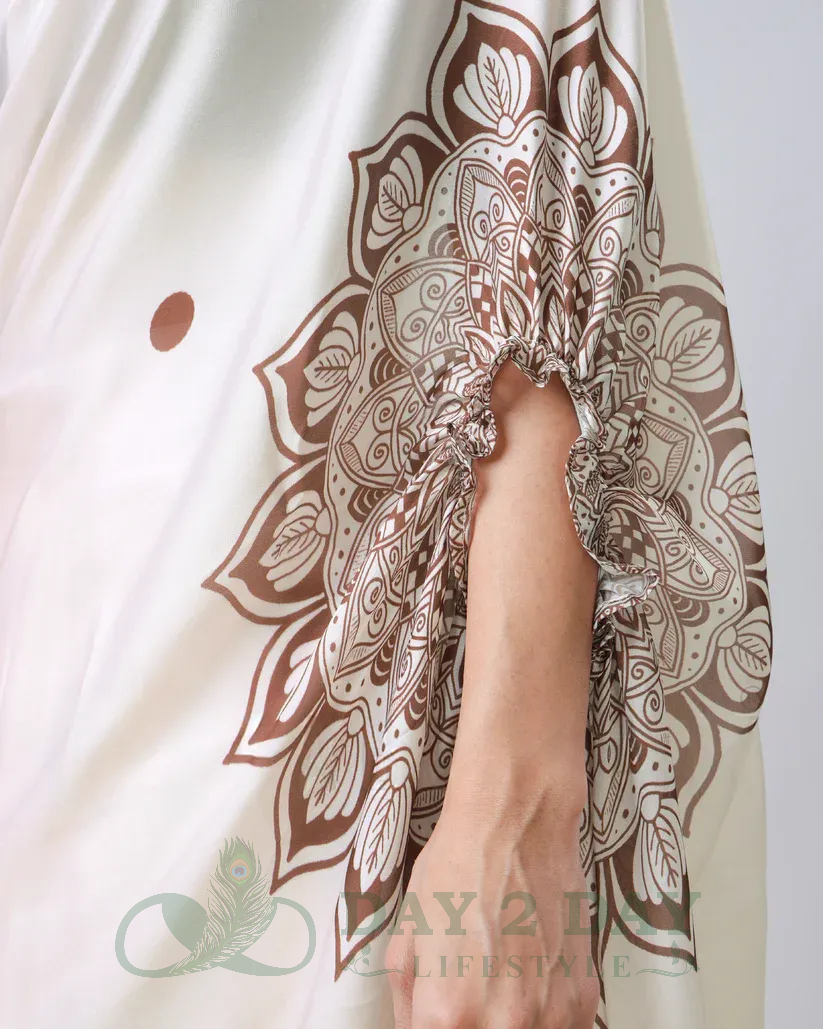 Lotus Motif Freehand Saree – Ready to Wear in 1 Minute | Hands-Free Draping (Ivory & Coffee Brown)