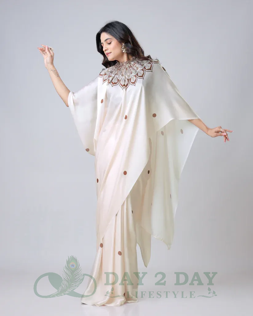 Lotus Motif Freehand Saree – Ready to Wear in 1 Minute | Hands-Free Draping (Ivory & Coffee Brown)