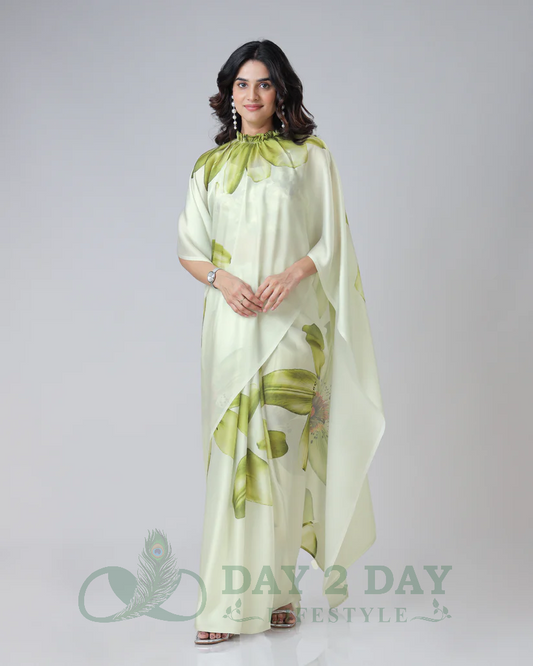 Lily Bloom Freehand Saree – Ready to Wear in 1 Minute | Hands-Free Draping (Pastel Cream & Olive Green)