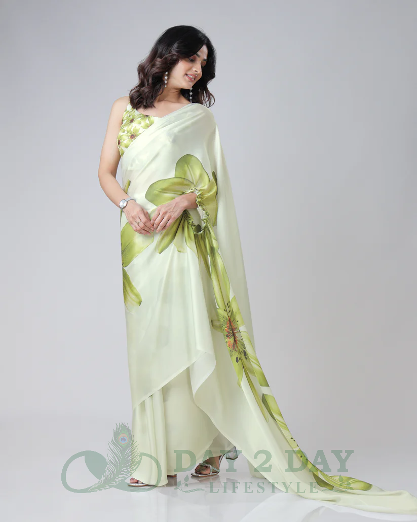 Lily Bloom Freehand Saree – Ready to Wear in 1 Minute | Hands-Free Draping (Pastel Cream & Olive Green)