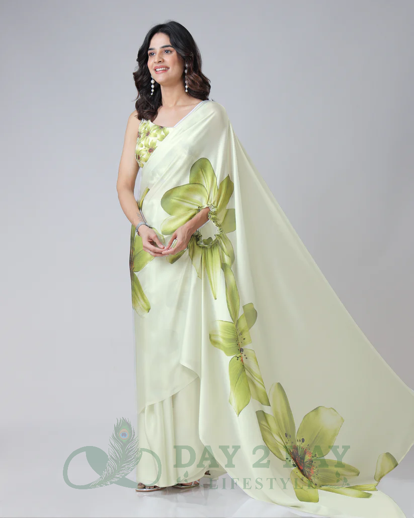 Lily Bloom Freehand Saree – Ready to Wear in 1 Minute | Hands-Free Draping (Pastel Cream & Olive Green)