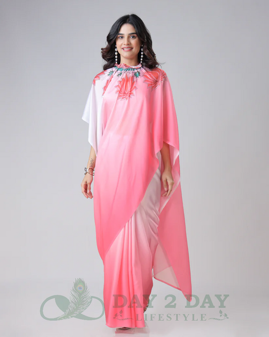 Lotus Bloom Freehand Saree – Ready to Wear in 1 Minute | Hands-Free Draping (White & Pink)