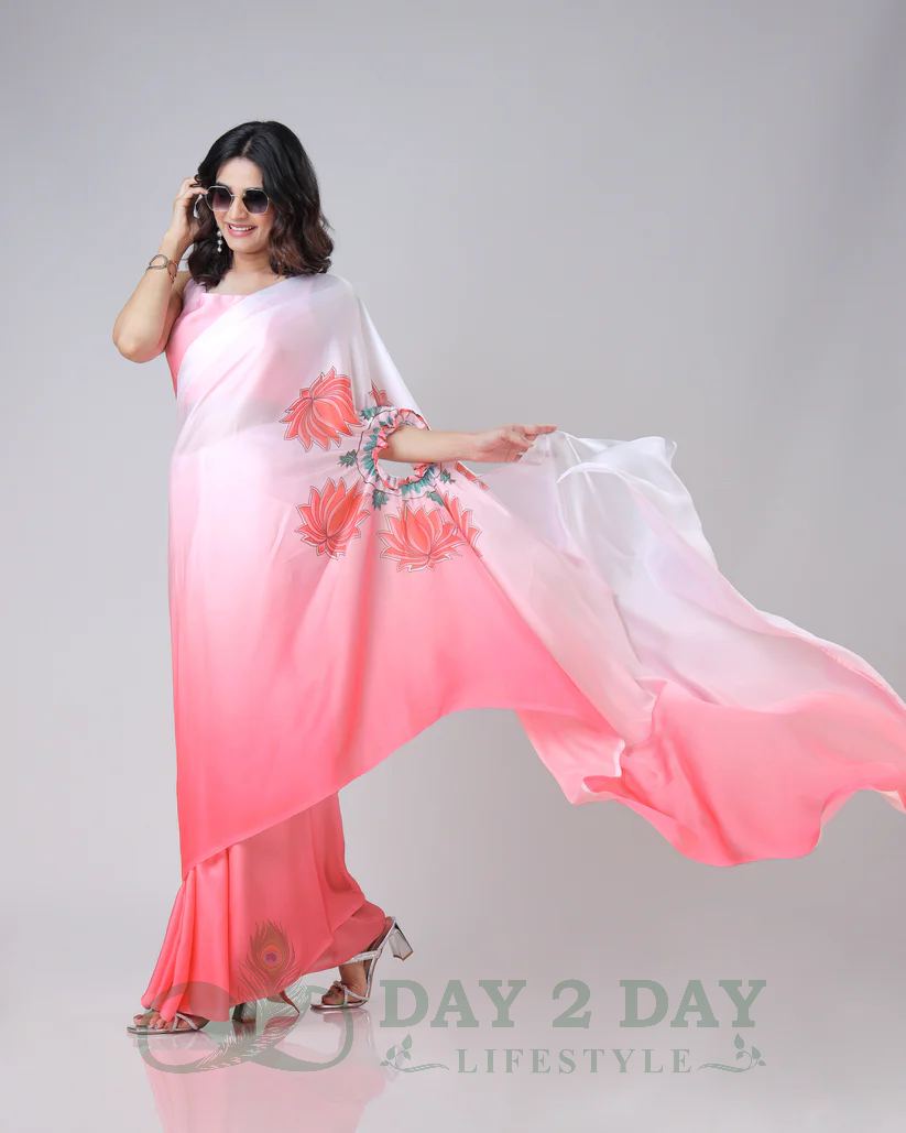 Lotus Bloom Freehand Saree – Ready to Wear in 1 Minute | Hands-Free Draping (White & Pink)
