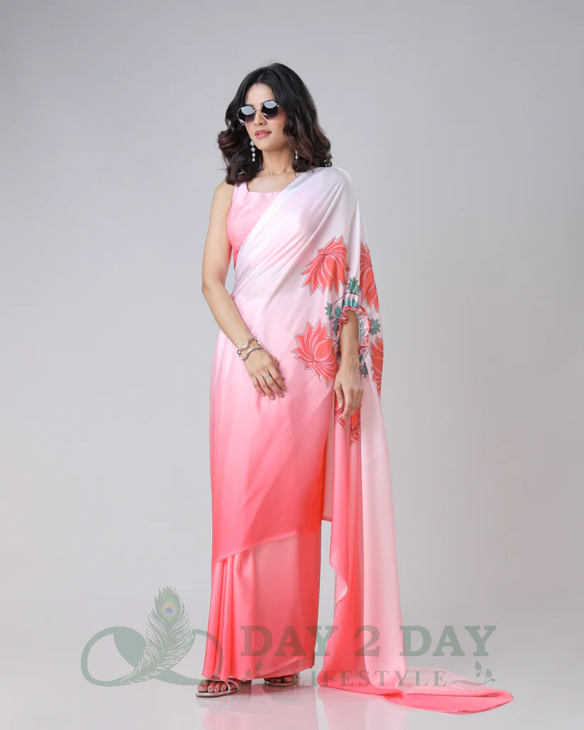 Lotus Bloom Freehand Saree – Ready to Wear in 1 Minute | Hands-Free Draping (White & Pink)