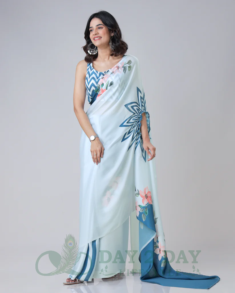 Starburst Floral Freehand Saree – Ready to Wear in 1 Minute | Hands-Free Draping (Powder Blue & Teal)