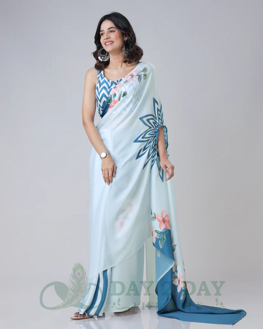 Starburst Floral Freehand Saree – Ready to Wear in 1 Minute | Hands-Free Draping (Powder Blue & Teal)