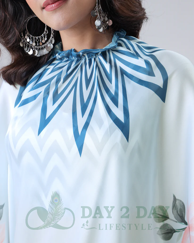 Starburst Floral Freehand Saree – Ready to Wear in 1 Minute | Hands-Free Draping (Powder Blue & Teal)