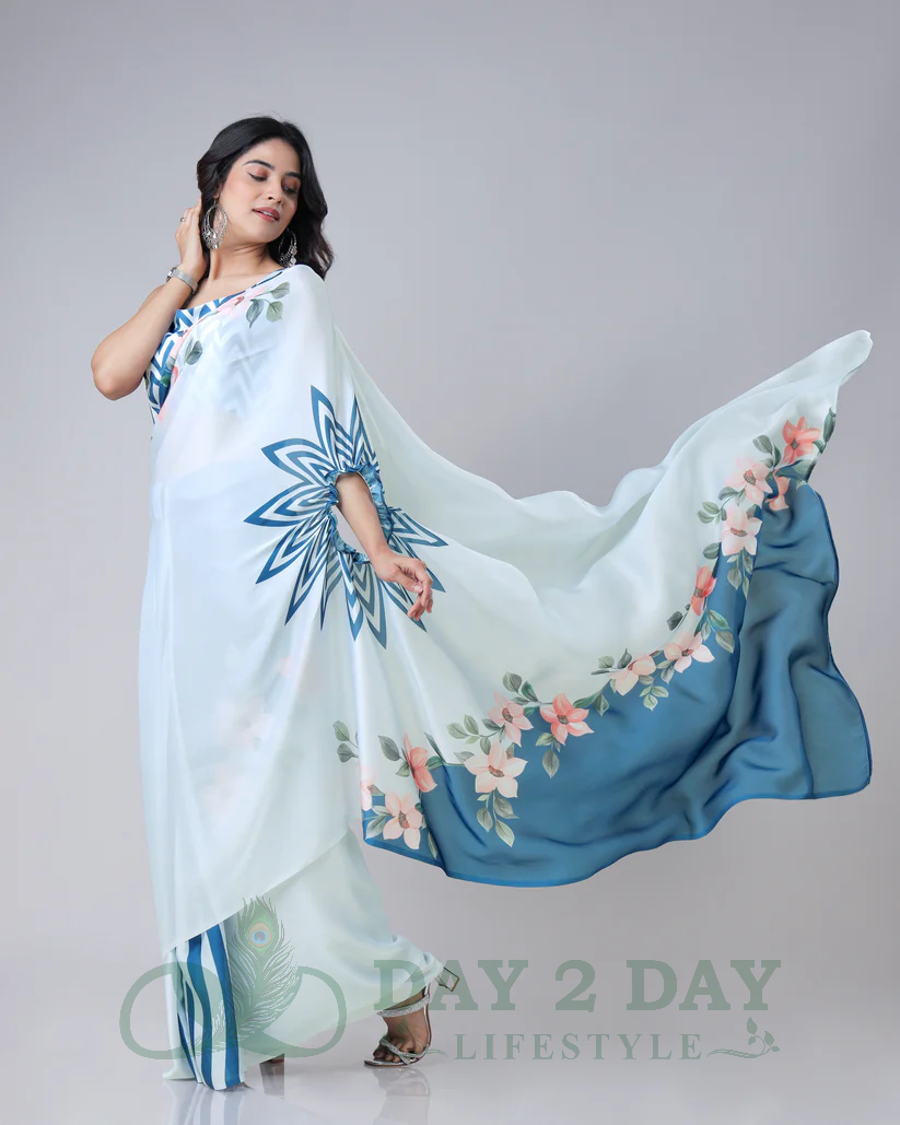 Starburst Floral Freehand Saree – Ready to Wear in 1 Minute | Hands-Free Draping (Powder Blue & Teal)