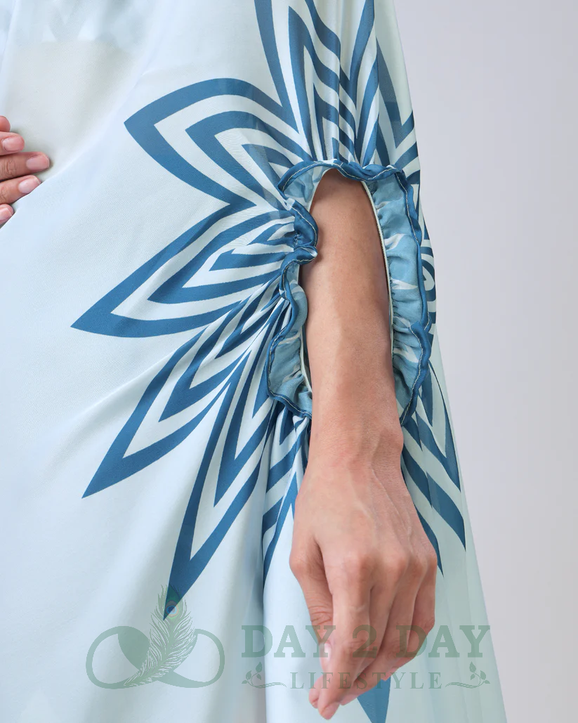 Starburst Floral Freehand Saree – Ready to Wear in 1 Minute | Hands-Free Draping (Powder Blue & Teal)