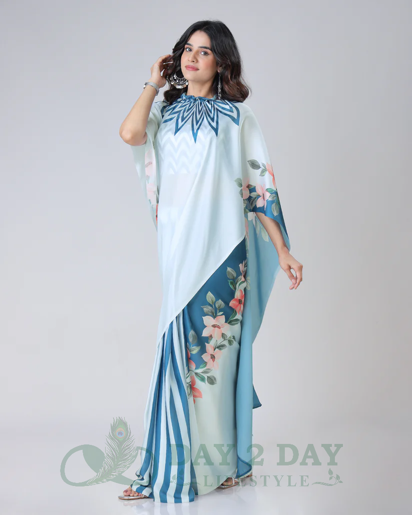 Starburst Floral Freehand Saree – Ready to Wear in 1 Minute | Hands-Free Draping (Powder Blue & Teal)
