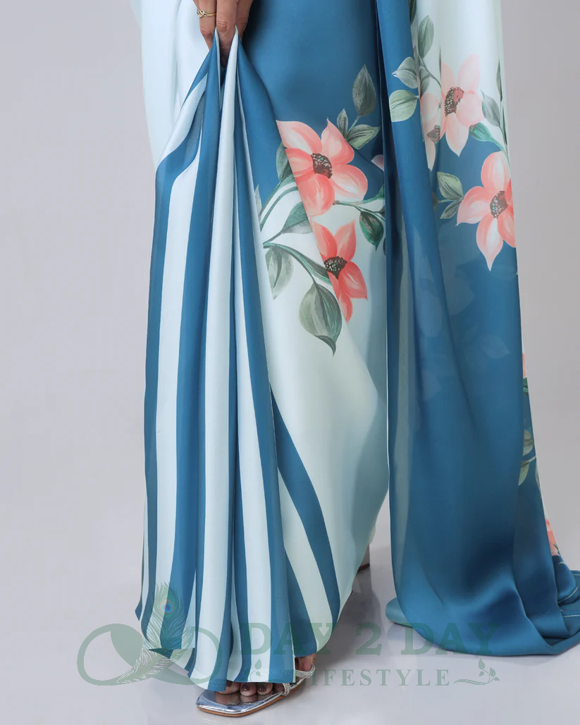 Starburst Floral Freehand Saree – Ready to Wear in 1 Minute | Hands-Free Draping (Powder Blue & Teal)