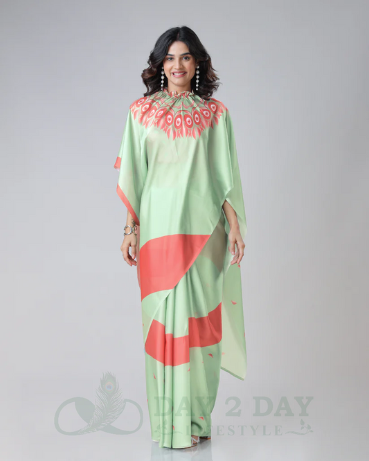 Fanburst Mandala Freehand Saree – Ready to Wear in 1 Minute | Hands-Free Draping (Mint Green & Coral)
