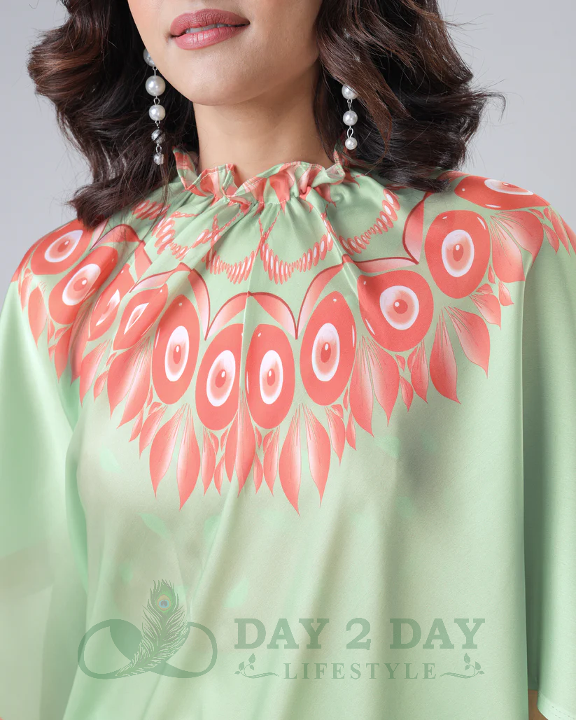 Fanburst Mandala Freehand Saree – Ready to Wear in 1 Minute | Hands-Free Draping (Mint Green & Coral)