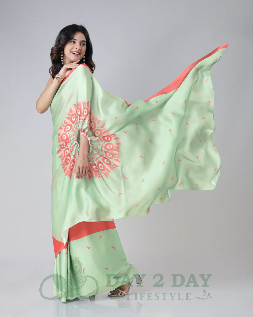 Fanburst Mandala Freehand Saree – Ready to Wear in 1 Minute | Hands-Free Draping (Mint Green & Coral)