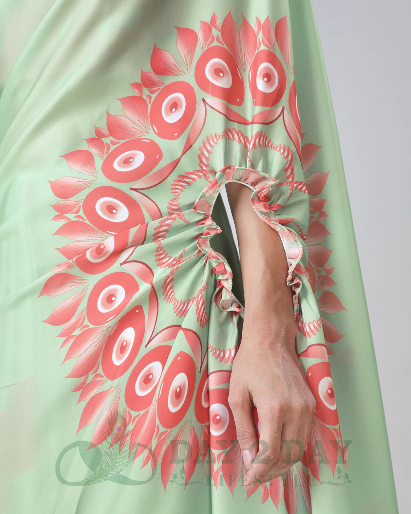 Fanburst Mandala Freehand Saree – Ready to Wear in 1 Minute | Hands-Free Draping (Mint Green & Coral)