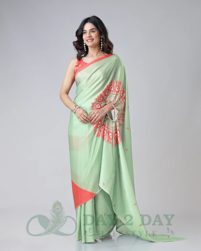 Fanburst Mandala Freehand Saree – Ready to Wear in 1 Minute | Hands-Free Draping (Mint Green & Coral)