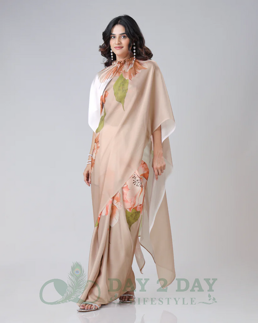 Blossom Whisper Freehand Saree – Ready to Wear in 1 Minute | Hands-Free Draping (Cream & Peach)