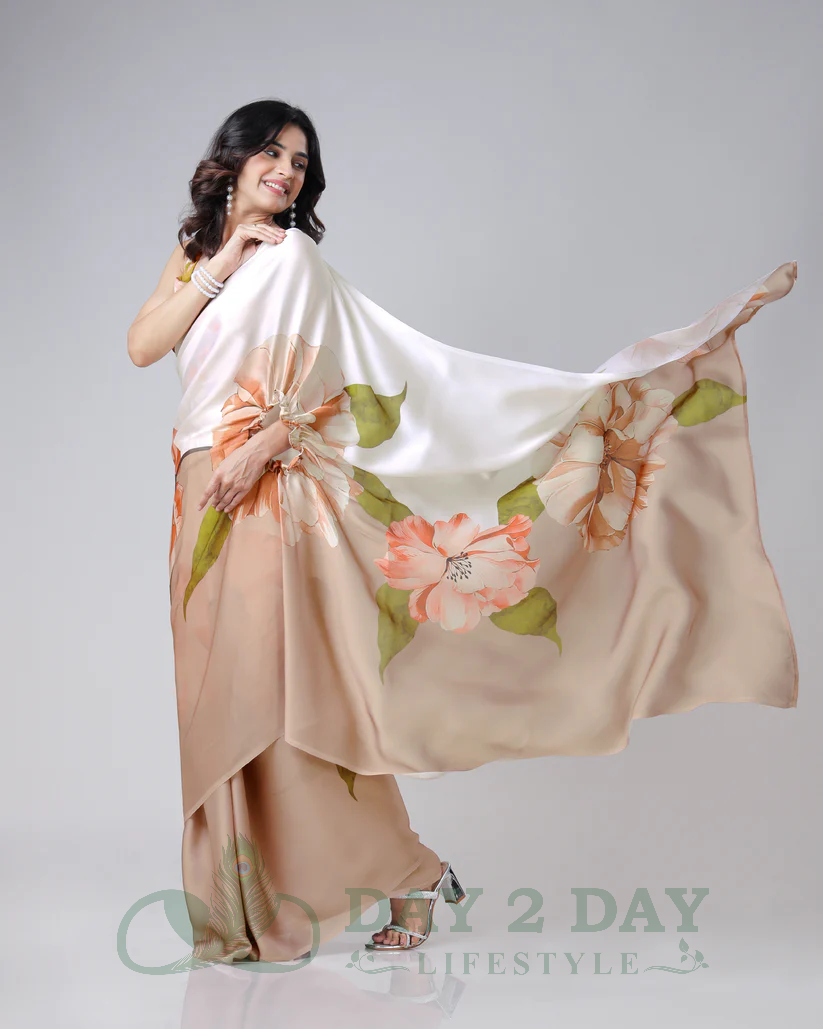 Blossom Whisper Freehand Saree – Ready to Wear in 1 Minute | Hands-Free Draping (Cream & Peach)