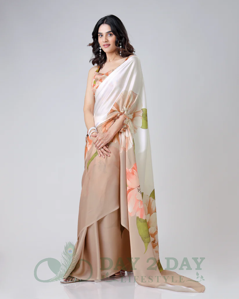 Blossom Whisper Freehand Saree – Ready to Wear in 1 Minute | Hands-Free Draping (Cream & Peach)