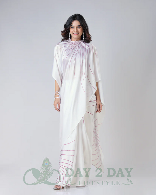 Spiral Radiance Freehand Saree – Ready to Wear in 1 Minute | Hands-Free Draping (White & Wine Pink)