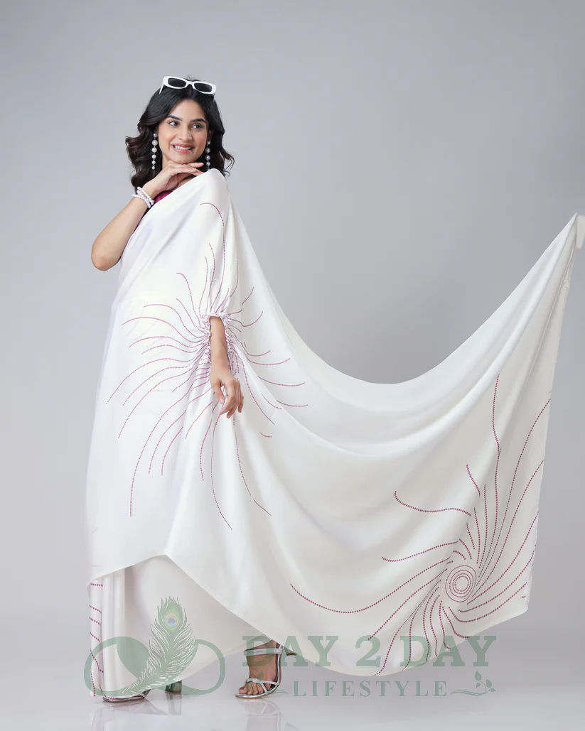 Spiral Radiance Freehand Saree – Ready to Wear in 1 Minute | Hands-Free Draping (White & Wine Pink)