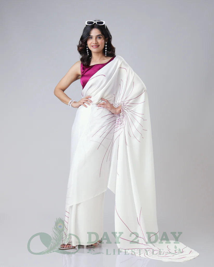 Spiral Radiance Freehand Saree – Ready to Wear in 1 Minute | Hands-Free Draping (White & Wine Pink)