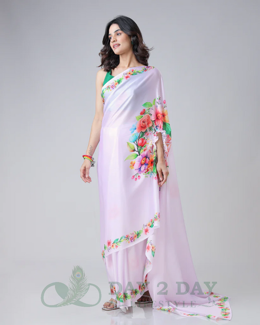 Garden Bloom Freehand Saree – Ready to Wear in 1 Minute | Hands-Free Draping (Lavender)