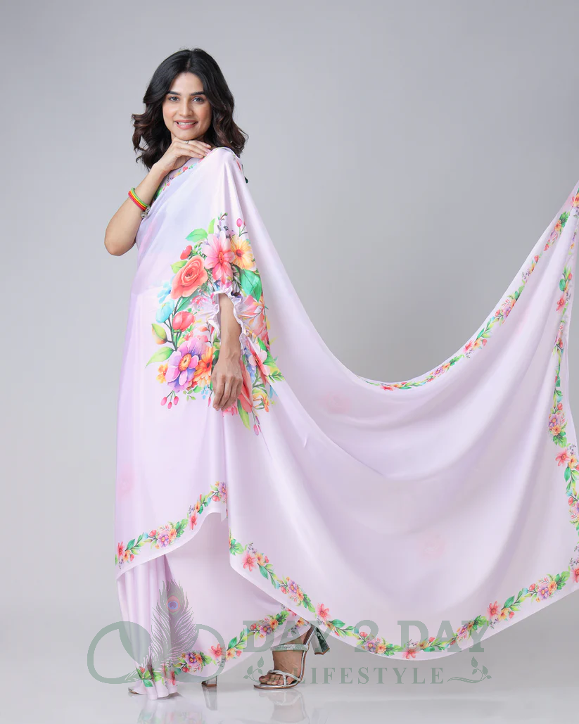 Garden Bloom Freehand Saree – Ready to Wear in 1 Minute | Hands-Free Draping (Lavender)
