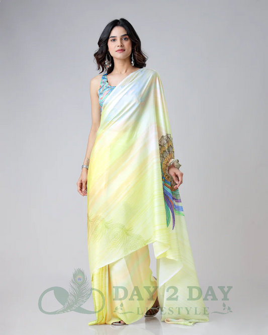 Feather Dreamcatcher Freehand Saree – Ready to Wear in 1 Minute | Hands-Free Draping (Pastel Yellow)