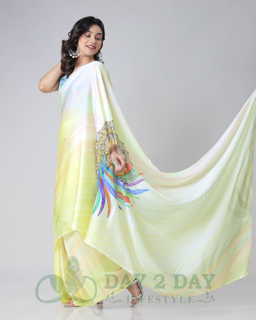 Feather Dreamcatcher Freehand Saree – Ready to Wear in 1 Minute | Hands-Free Draping (Pastel Yellow)