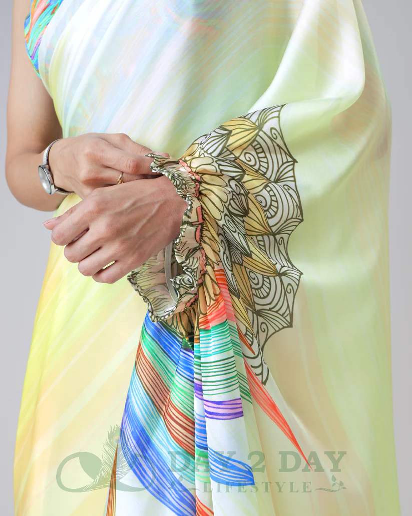 Feather Dreamcatcher Freehand Saree – Ready to Wear in 1 Minute | Hands-Free Draping (Pastel Yellow)