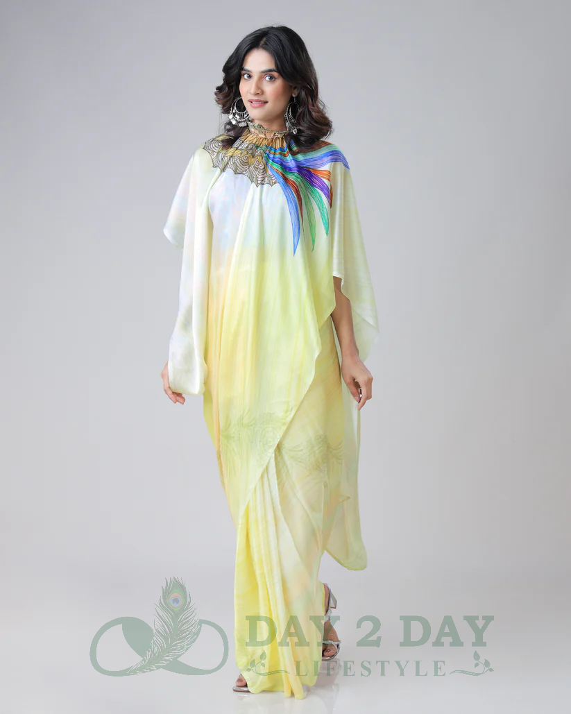 Feather Dreamcatcher Freehand Saree – Ready to Wear in 1 Minute | Hands-Free Draping (Pastel Yellow)