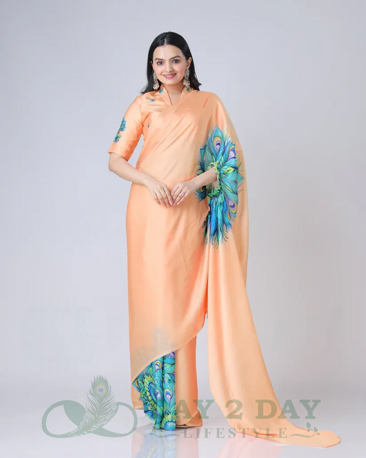 Peacock Feather Ombre Freehand Saree – Ready to Wear in 1 Minute | Hands-Free Draping (Bright Orange)