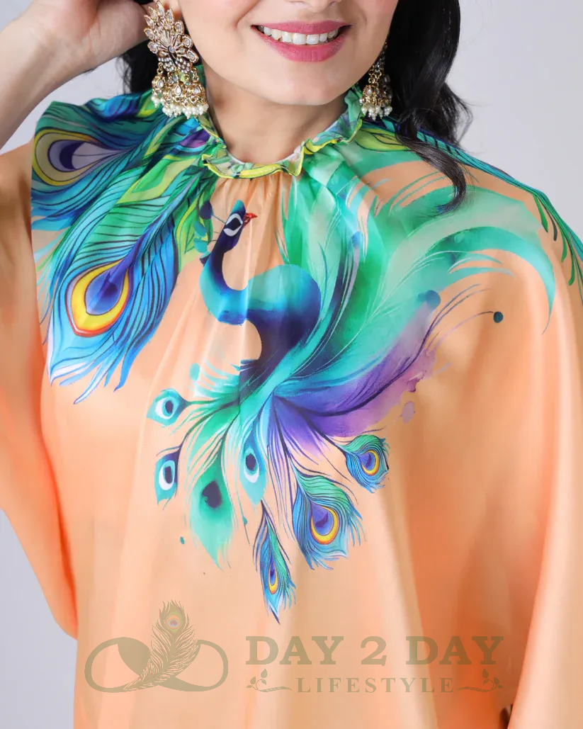 Peacock Feather Ombre Freehand Saree – Ready to Wear in 1 Minute | Hands-Free Draping (Bright Orange)