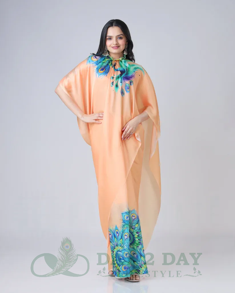 Peacock Feather Ombre Freehand Saree – Ready to Wear in 1 Minute | Hands-Free Draping (Bright Orange)