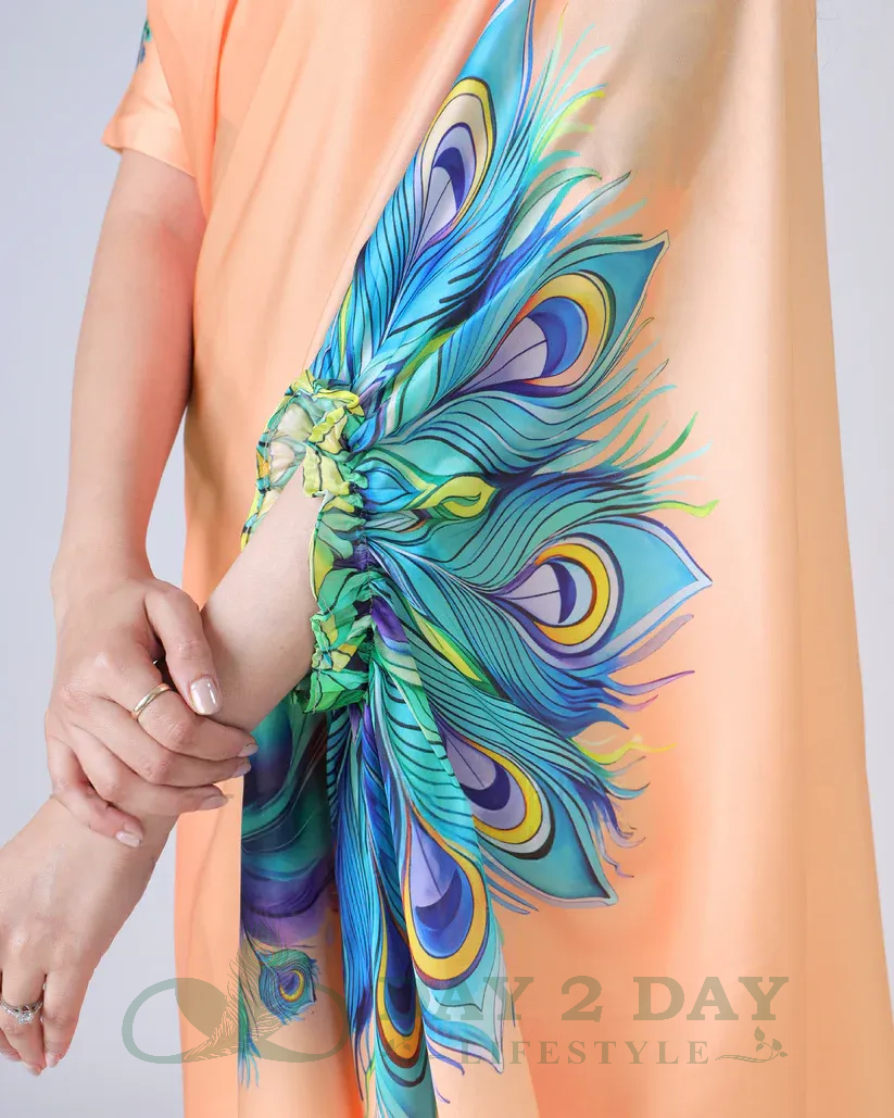 Peacock Feather Ombre Freehand Saree – Ready to Wear in 1 Minute | Hands-Free Draping (Bright Orange)