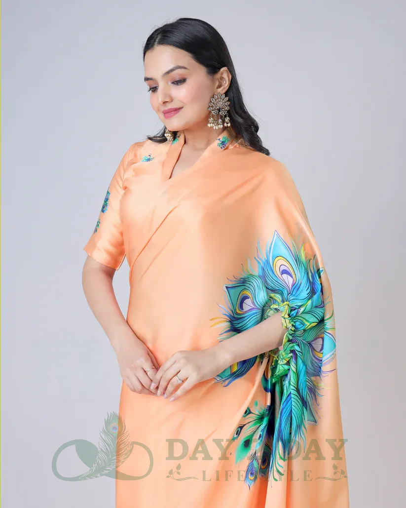 Peacock Feather Ombre Freehand Saree – Ready to Wear in 1 Minute | Hands-Free Draping (Bright Orange)