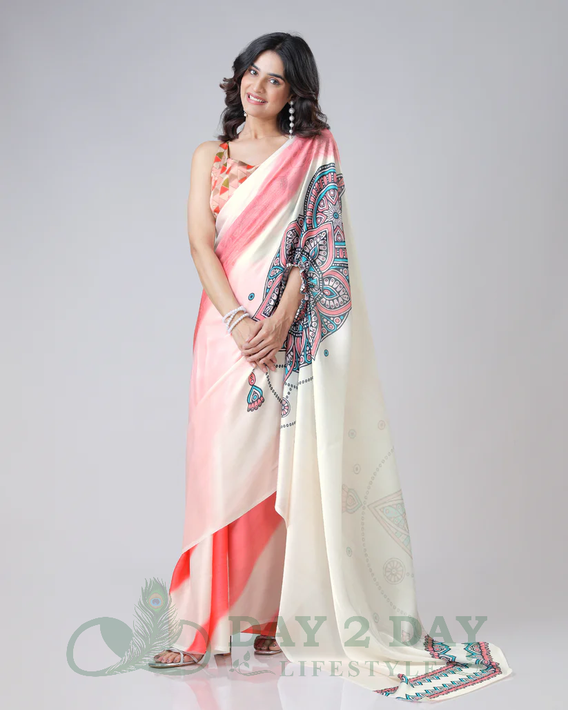 Tribal Mandala Freehand Saree – Ready to Wear in 1 Minute | Hands-Free Draping (Peach & Off-White)
