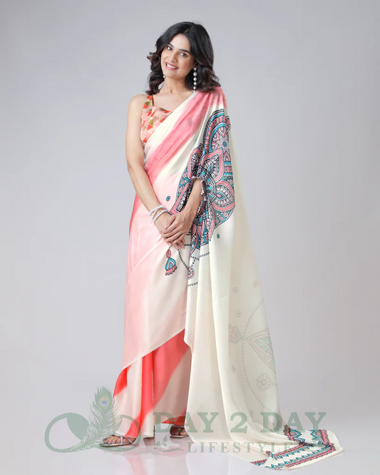 Tribal Mandala Freehand Saree – Ready to Wear in 1 Minute | Hands-Free Draping (Peach & Off-White)