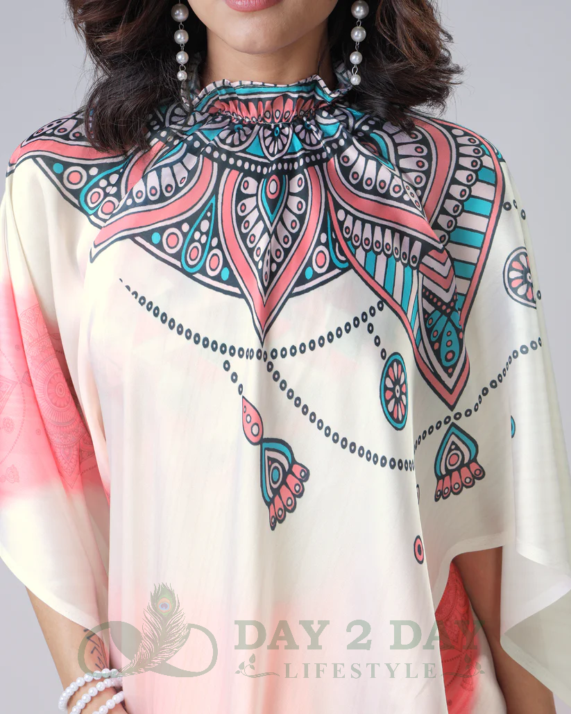 Tribal Mandala Freehand Saree – Ready to Wear in 1 Minute | Hands-Free Draping (Peach & Off-White)