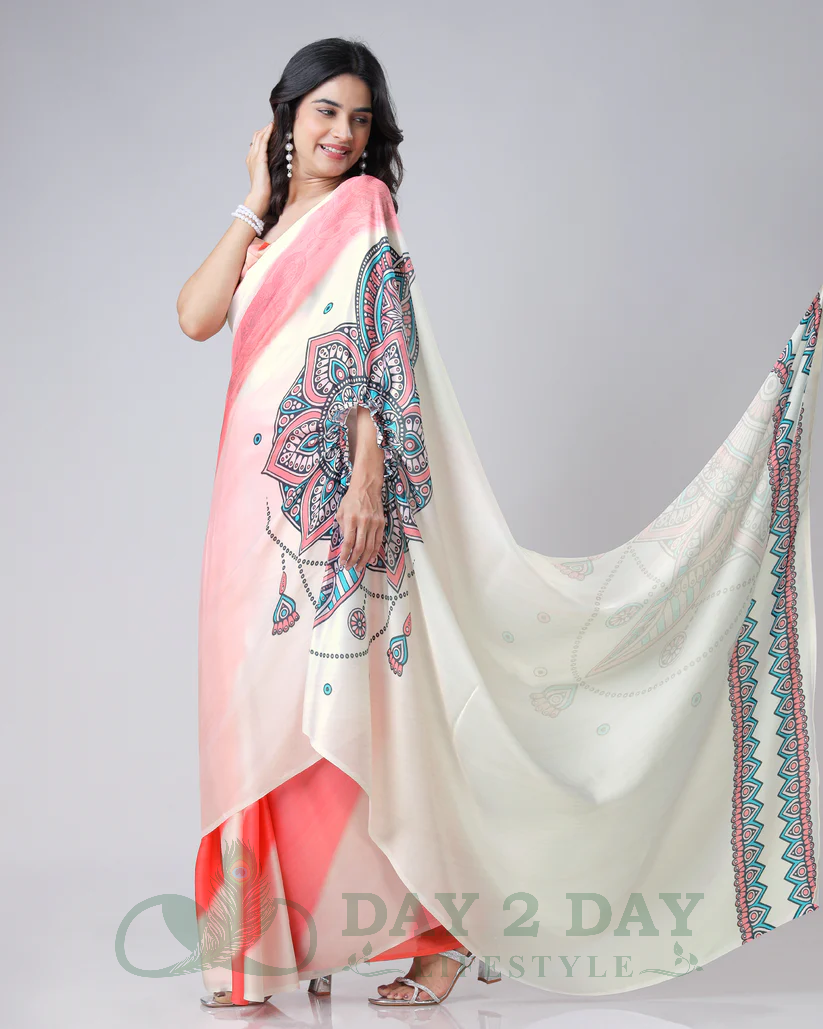 Tribal Mandala Freehand Saree – Ready to Wear in 1 Minute | Hands-Free Draping (Peach & Off-White)