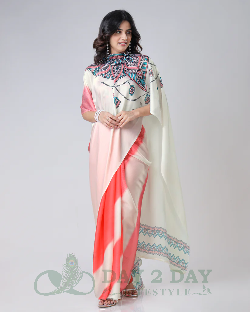 Tribal Mandala Freehand Saree – Ready to Wear in 1 Minute | Hands-Free Draping (Peach & Off-White)