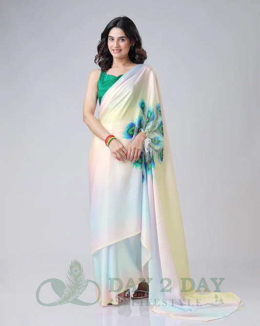 Peacock Feather Ombre Freehand Saree – Ready to Wear in 1 Minute | Hands-Free Draping (White & Light Yellow)