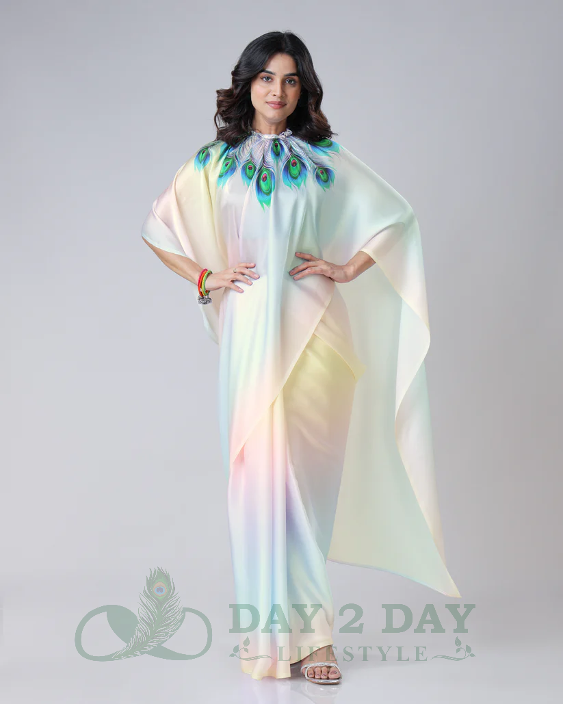 Peacock Feather Ombre Freehand Saree – Ready to Wear in 1 Minute | Hands-Free Draping (White & Light Yellow)