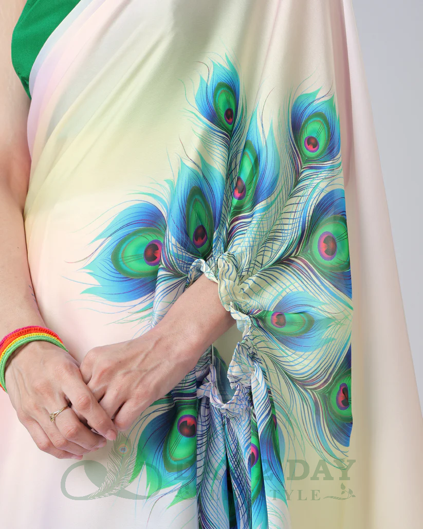 Peacock Feather Ombre Freehand Saree – Ready to Wear in 1 Minute | Hands-Free Draping (White & Light Yellow)