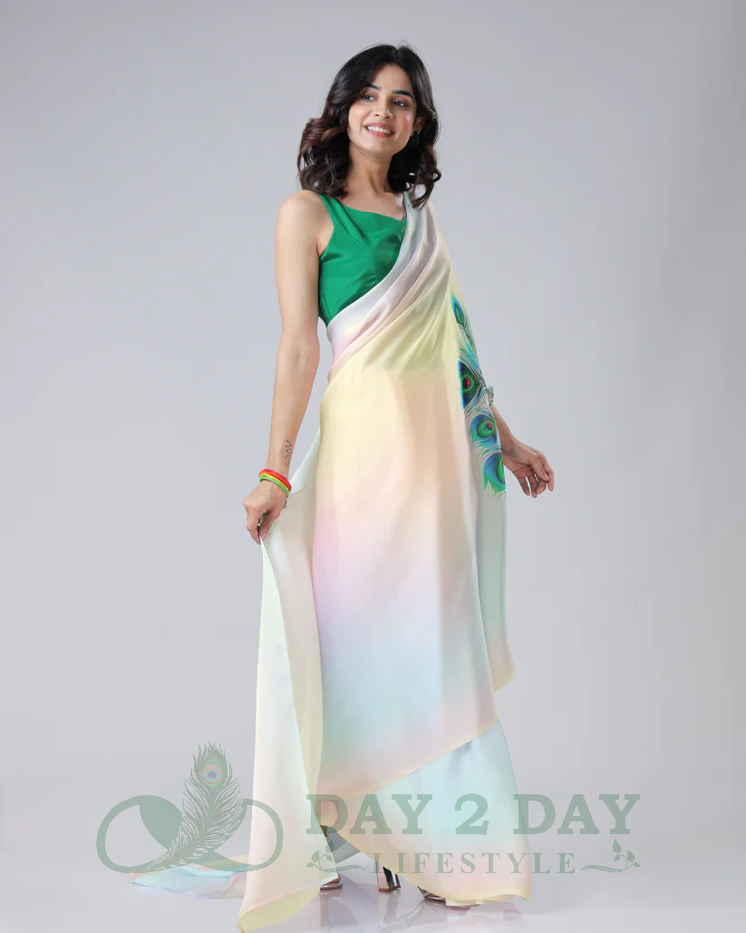 Peacock Feather Ombre Freehand Saree – Ready to Wear in 1 Minute | Hands-Free Draping (White & Light Yellow)
