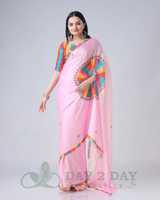 Pinwheel Radiance Freehand Saree – Ready to Wear in 1 Minute | Hands-Free Draping (Baby Pink)